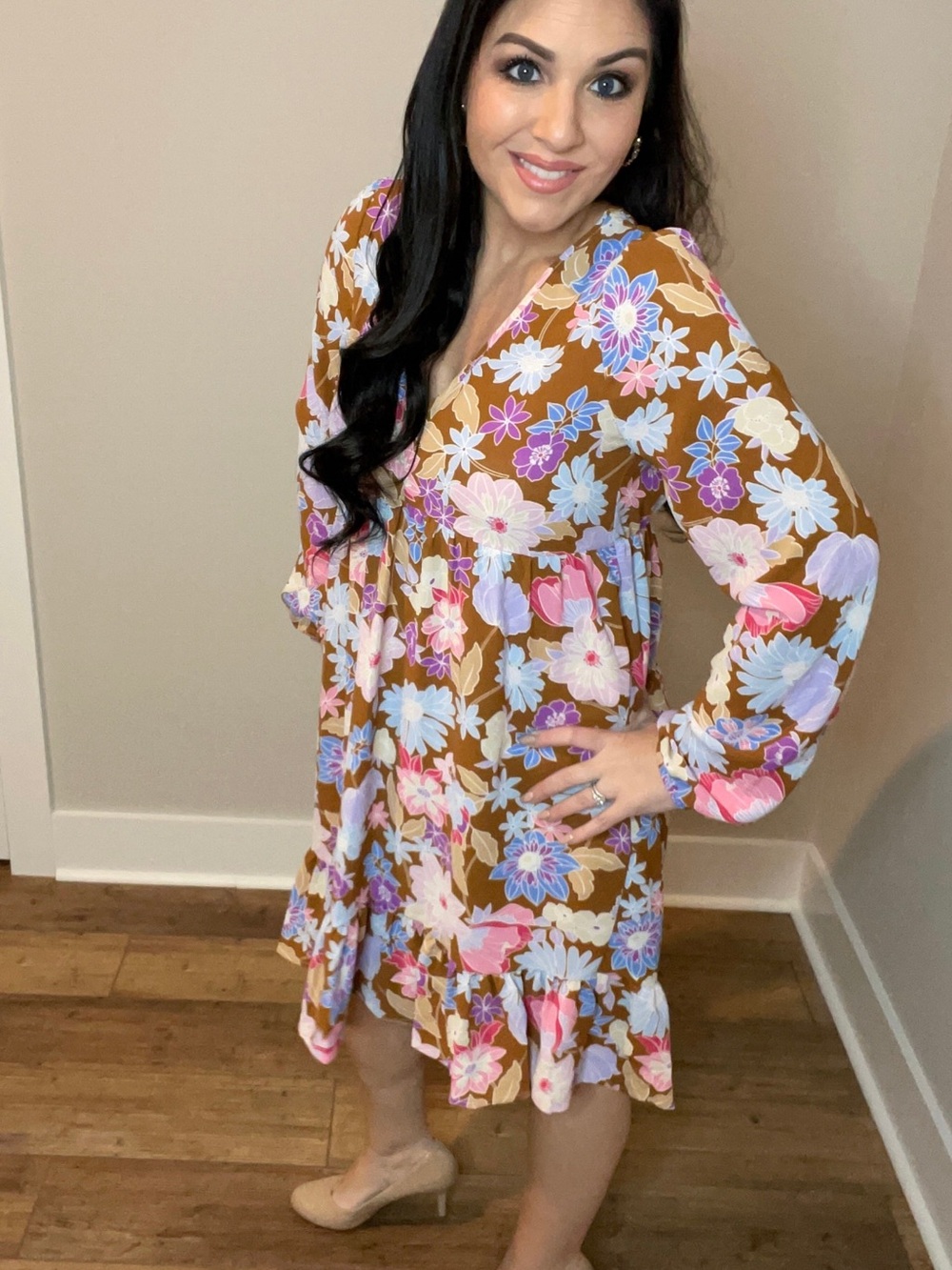 Plus Size XL XXXL Floral Ruffled Brown Dress with Pastel Blooms